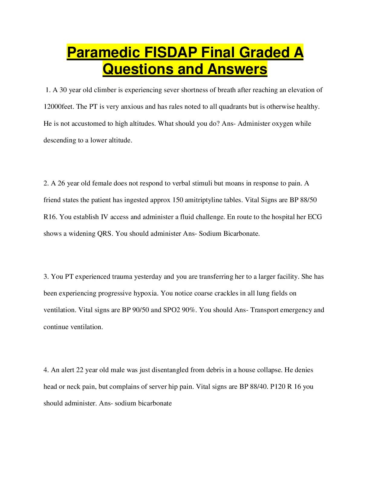 Preview image for Paramedic FISDAP Final Graded A  Questions and Answers